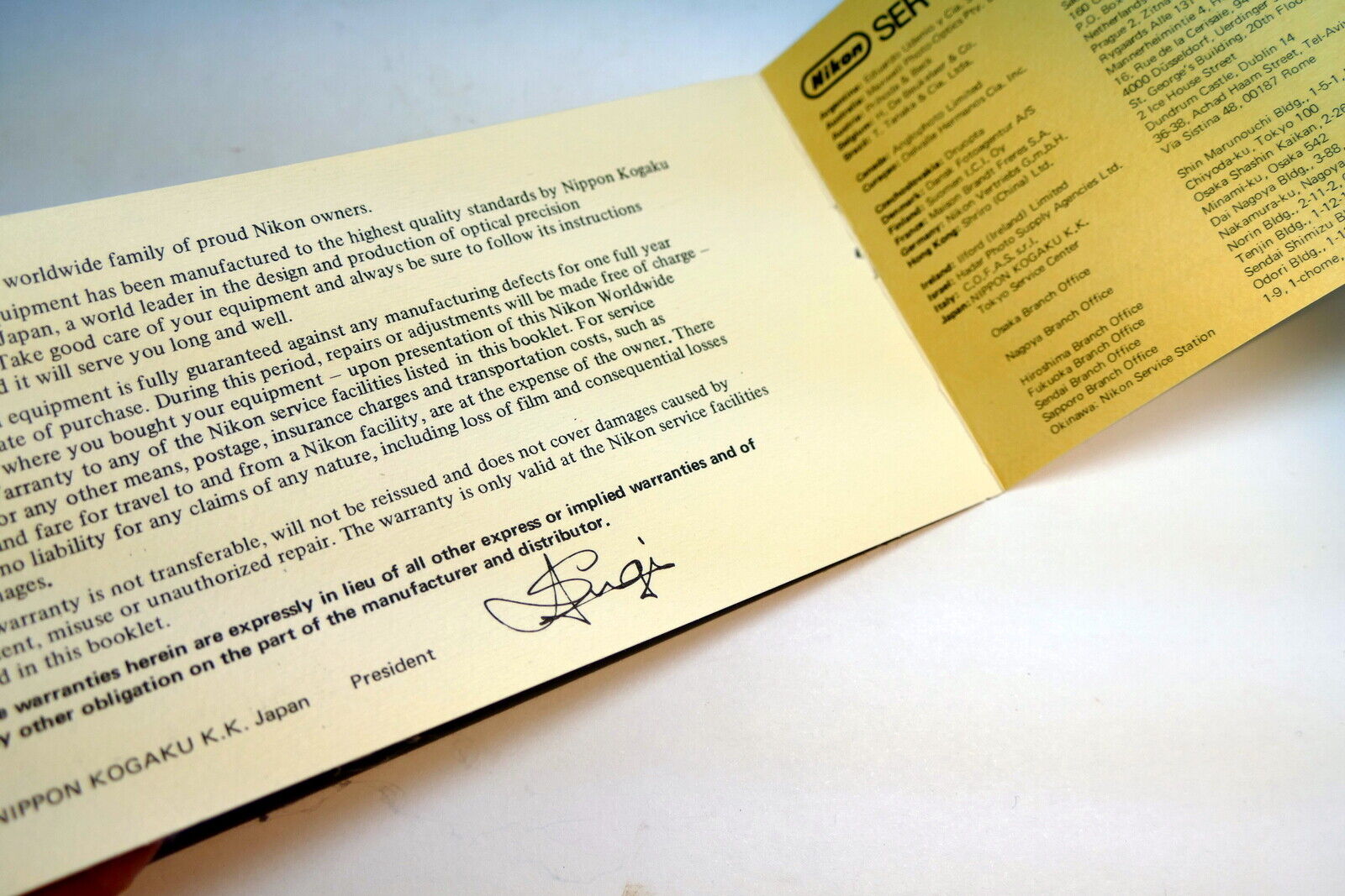 Nikon warranty card 1974 model  C Nikkor auto 50mm f2  vintage