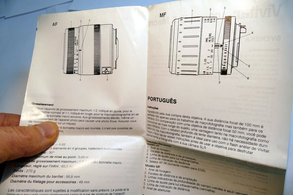 Vivitar 100mm f3.5 Macro AF 1:1  lens Instruction Owner's Sheet  Guide