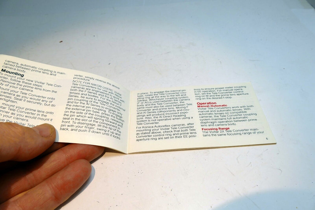 Vivitar 2X Tele Converter  Lens  User's Manual Instruction Guide