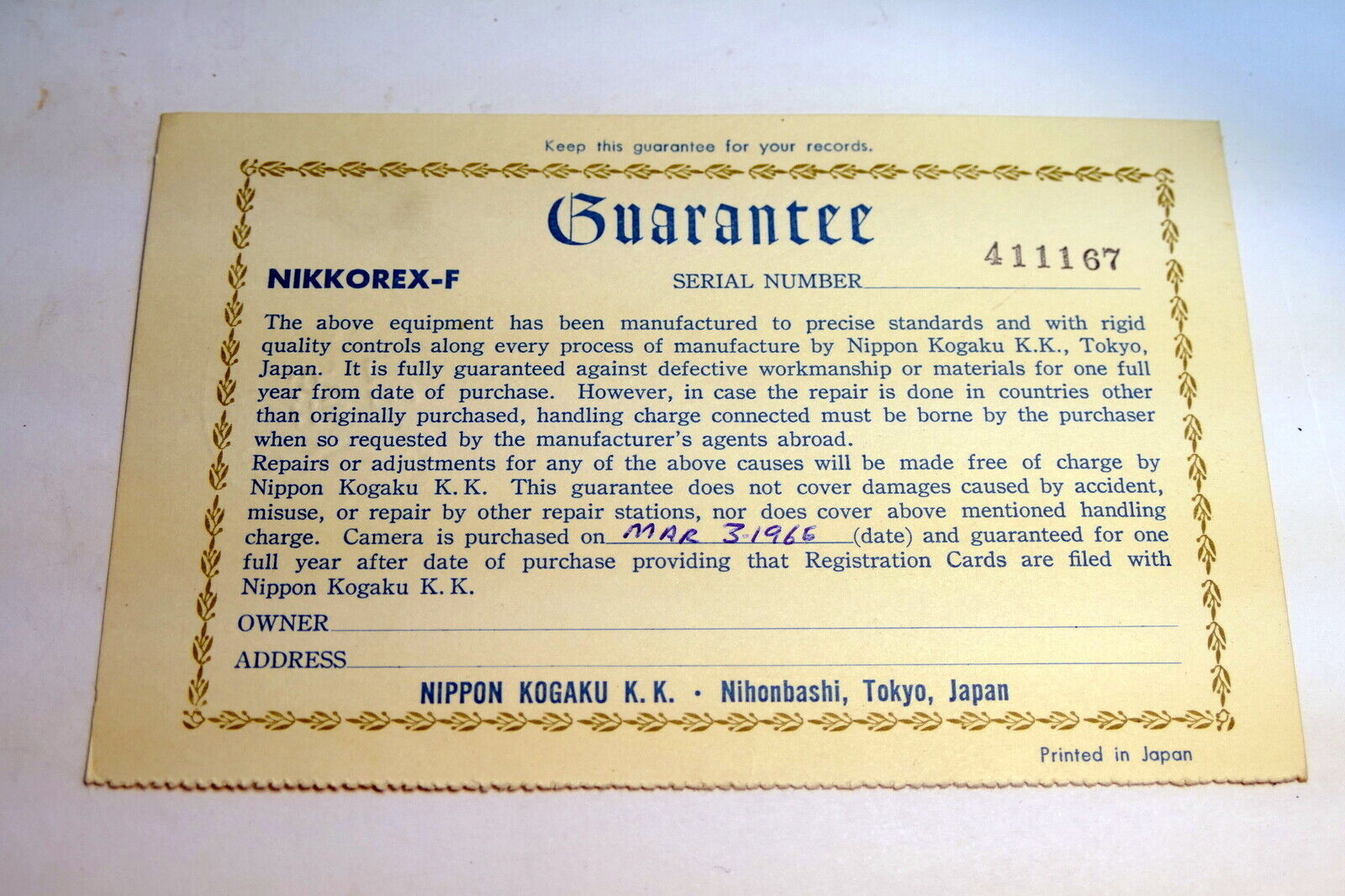 Nikon warranty card 1965 model Nikkorex-F vintage