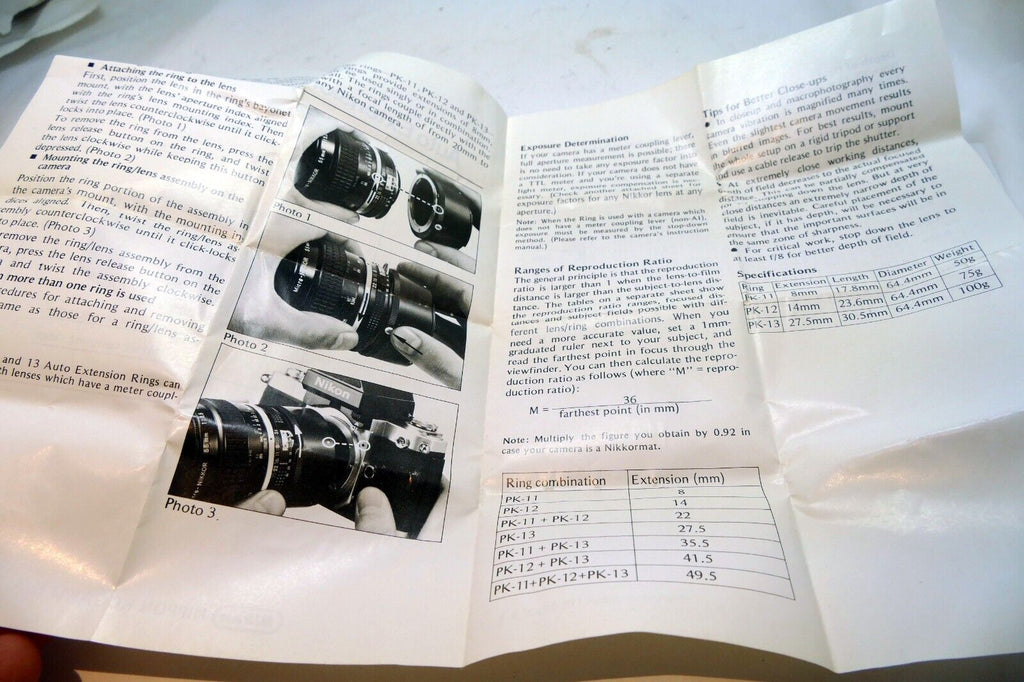 Nikon Auto Extension Tube ring PK-11 12 13 Lens Manual GUIDE