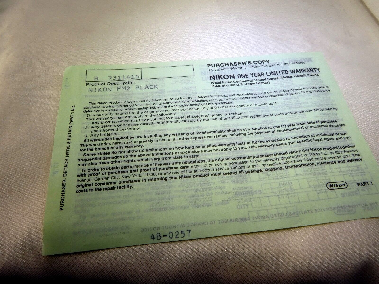 Nikon vintage warranty card (expired) for FM2 Black camera  EN