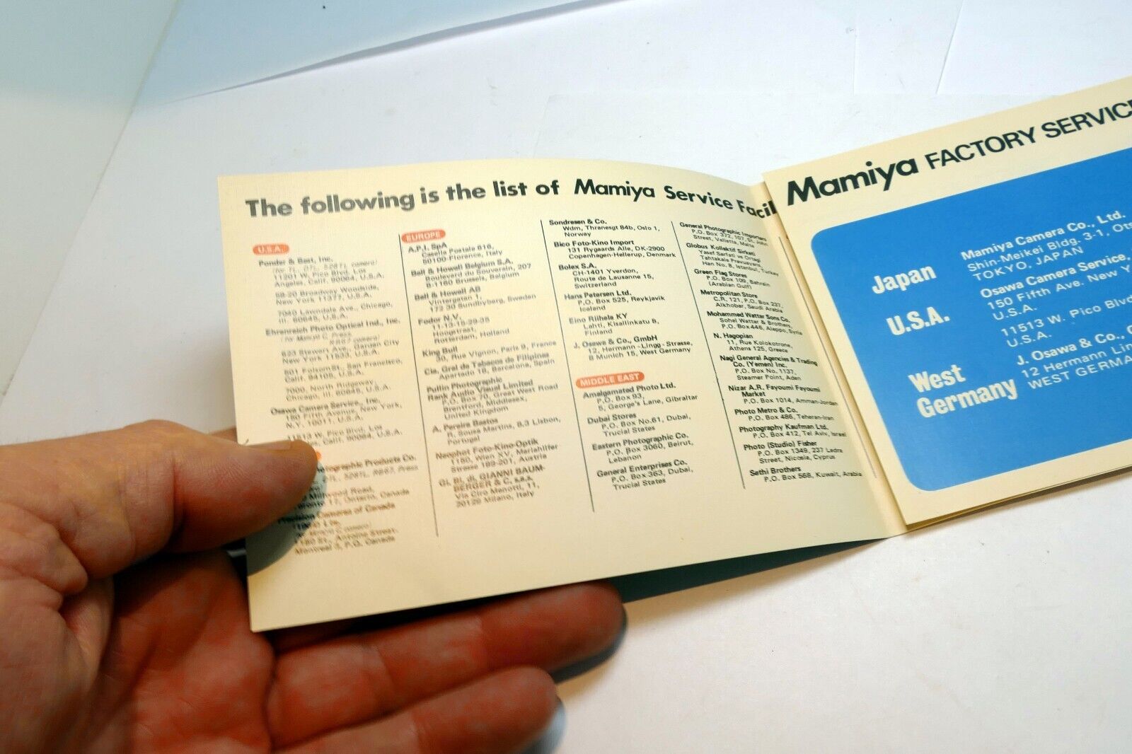 Mamiya Sekor Service Facilities guide vintage 1980's