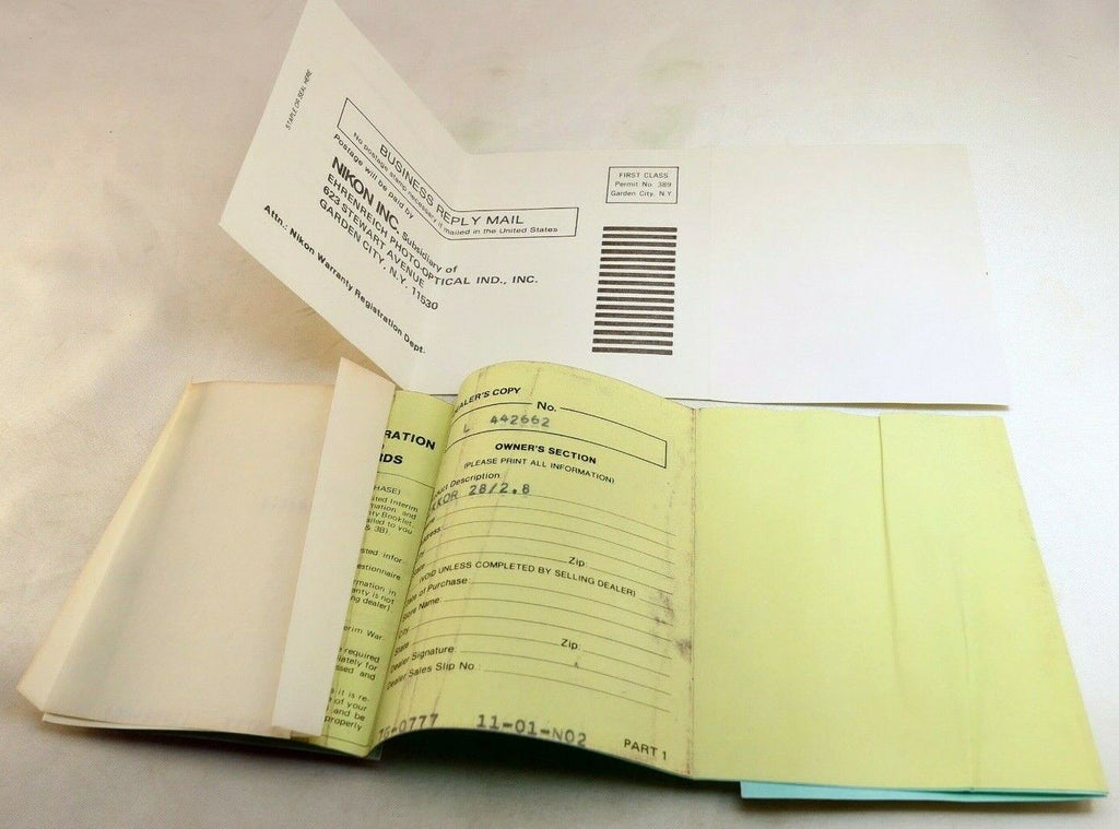 Nikon vintage warranty card (expired) for Nikkor 50mm f1.4 Non  Ai lens 1977