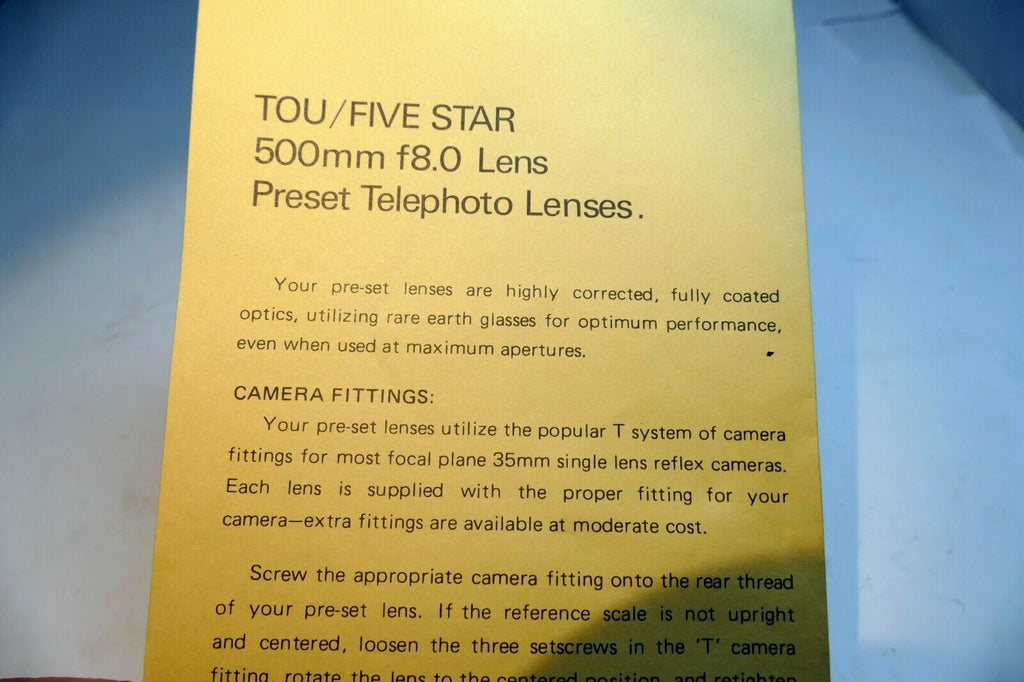 Tou / Five Star 500mm f8 T2 Lens  User's Manual Instruction Guide