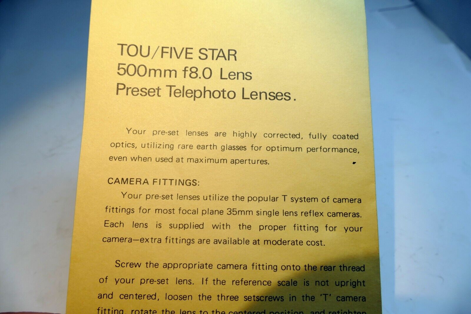 Tou / Five Star 500mm f8 T2 Lens  User's Manual Instruction Guide