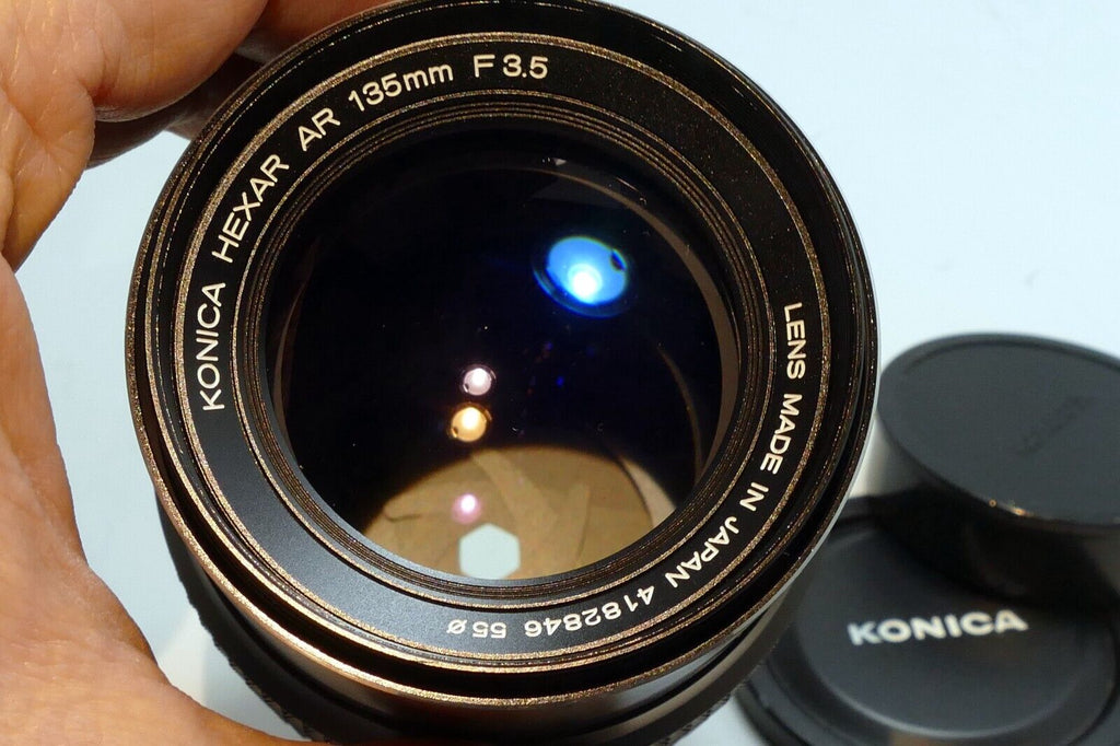 Konica 135mm F/3.5 Hexar AR Mount Lens w/ caps telephoto - Mint condition