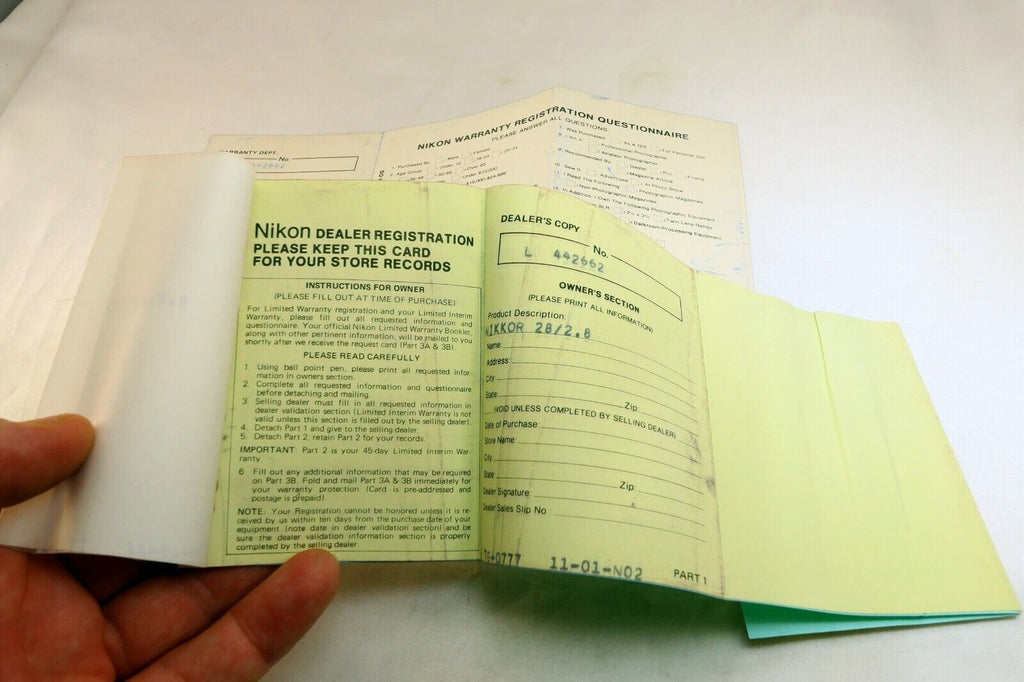 Nikon vintage warranty card (expired) for Nikkor 28mm f2.8 Ai lens 1977