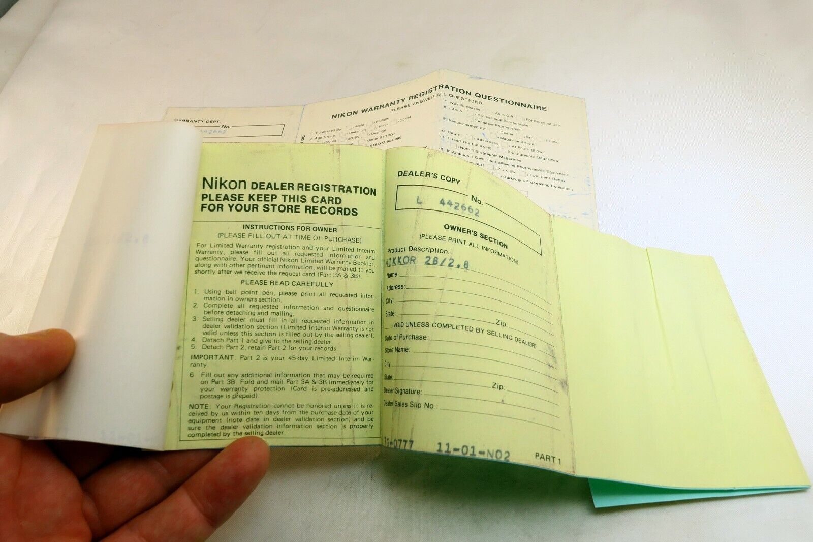 Nikon vintage warranty card (expired) for Nikkor 28mm f2.8 Ai lens 1977