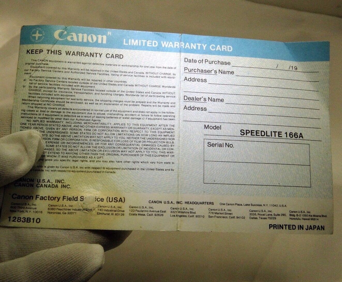 Canon Speedlite 166A flash Limited Warranty Card  1970's  vintage