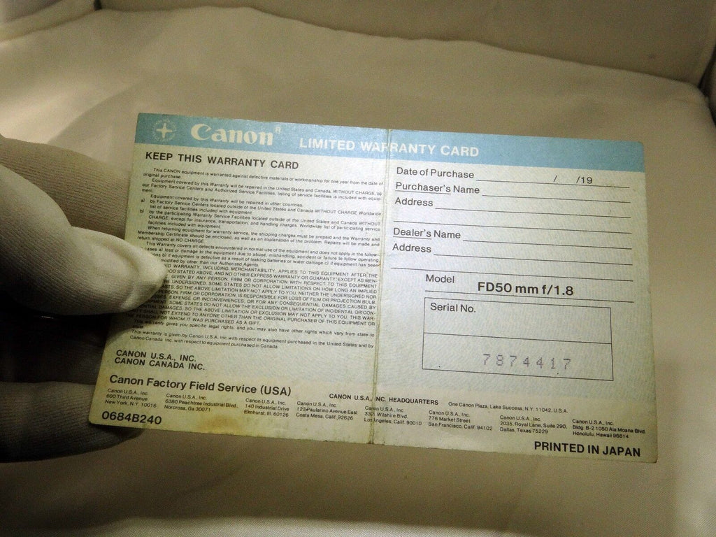 Canon FD 50mm f1.8 Lens  Limited Warranty Card  1970's  vintage