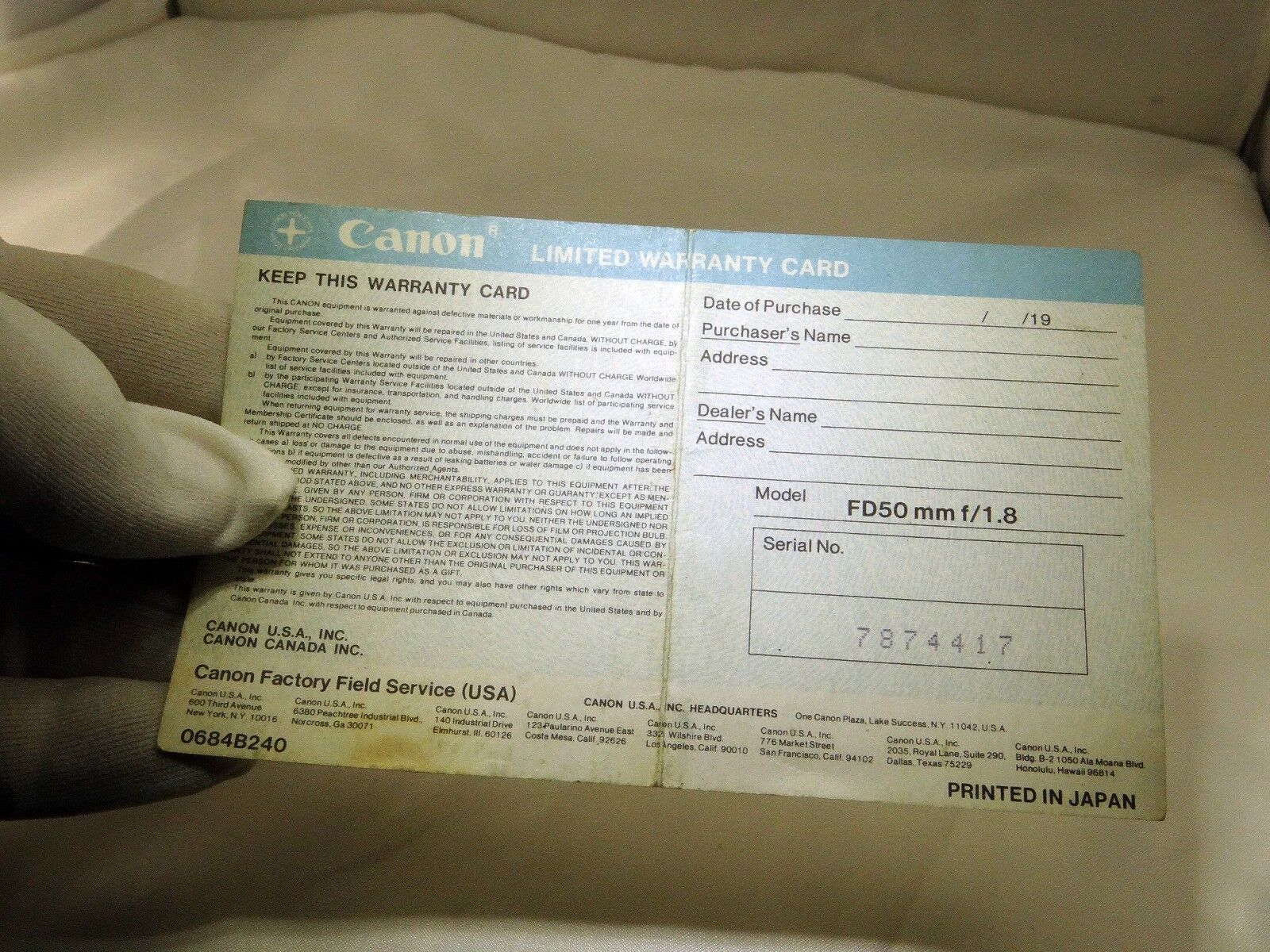 Canon FD 50mm f1.8 Lens  Limited Warranty Card  1970's  vintage