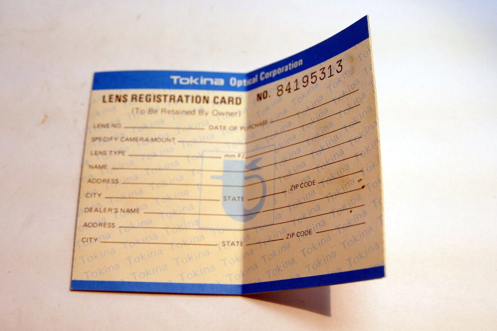Tokina Lens Registration Card vintage  1980's