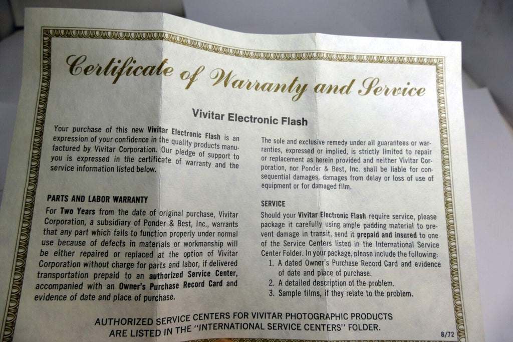 Vivitar 102 flash warranty card brochure international service centers