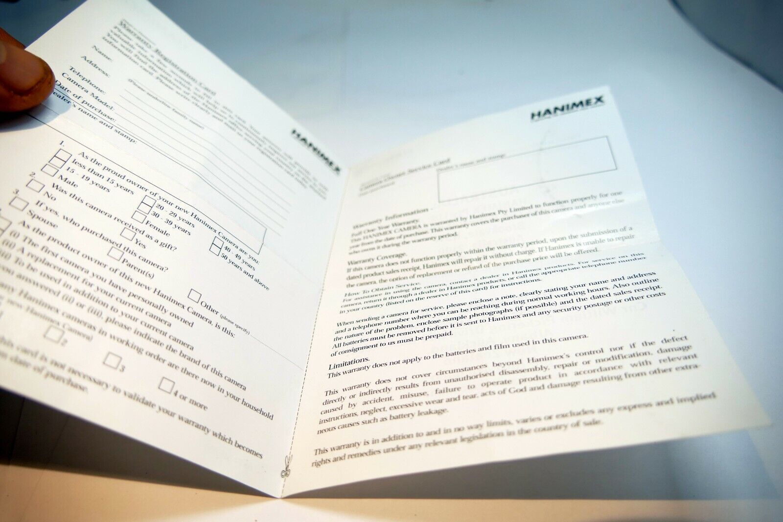 Hanimex 28-80mm Lens blank warranty registration card  1980 vintage
