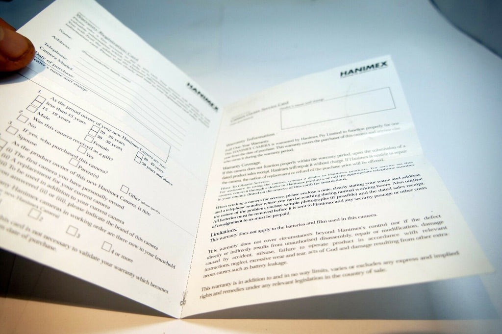 Hanimex 28-80mm Lens blank warranty registration card  1980 vintage