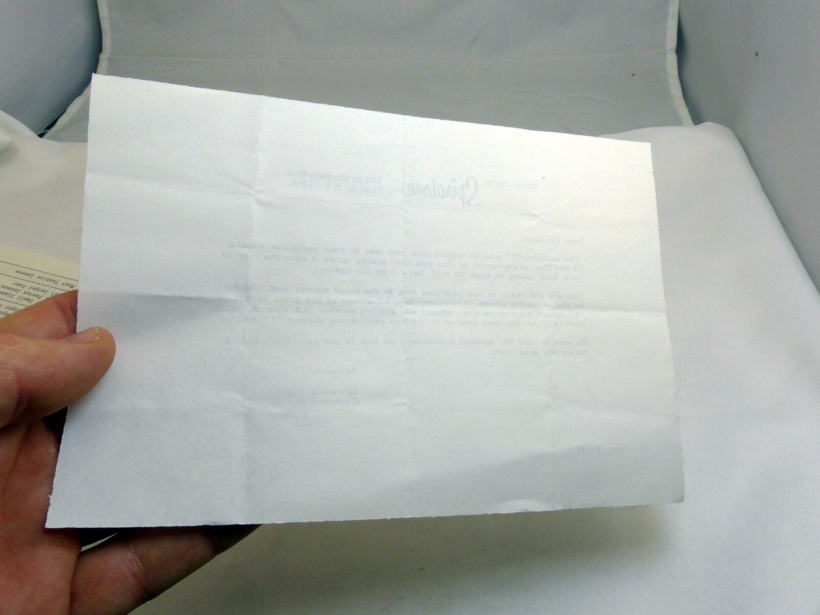 Memo from Stiratone for customer "T' Lens adapters English 1950's