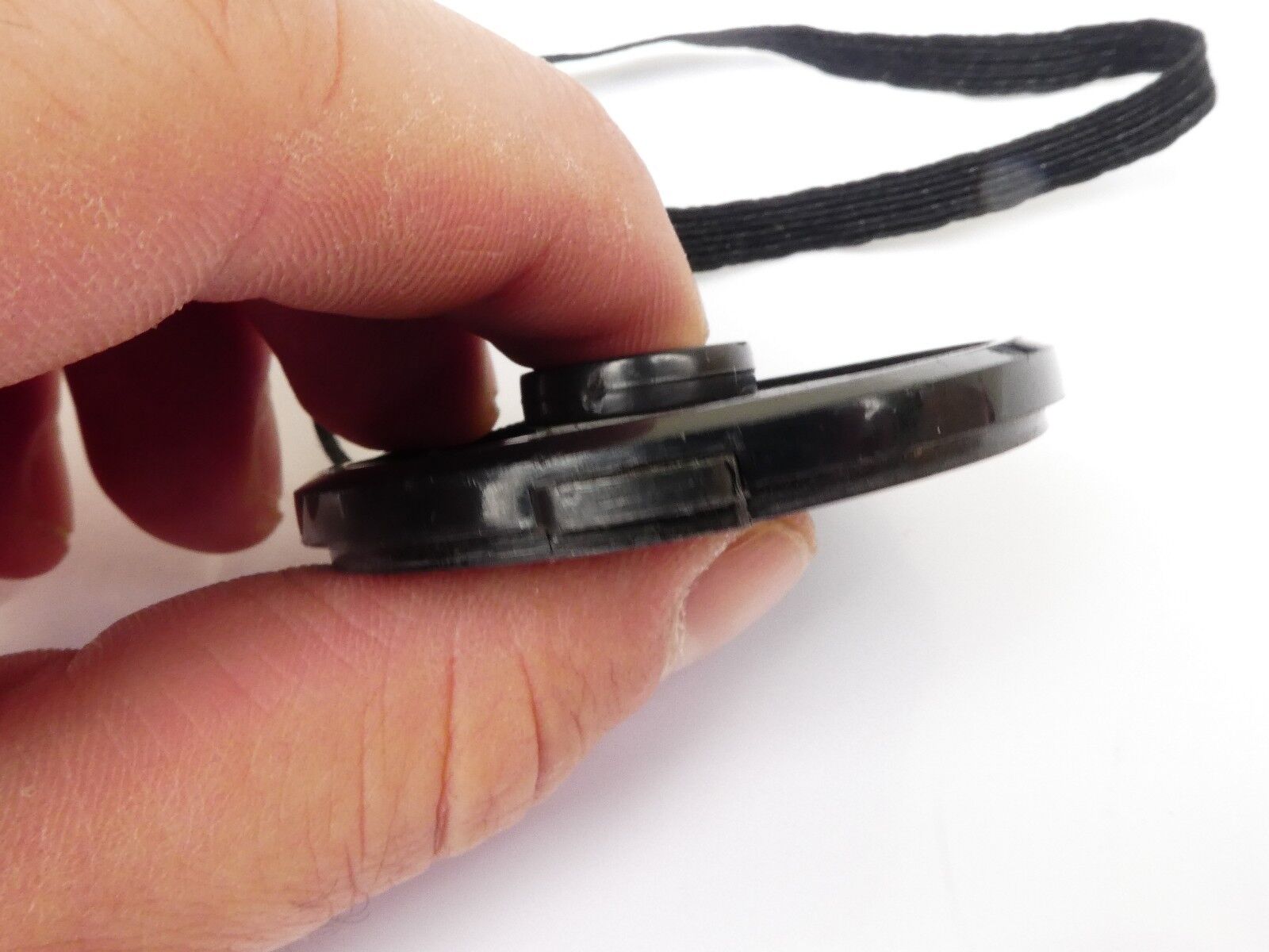 Used 49mm Lens Front Cap Black snap-on type plastic with strap Korea