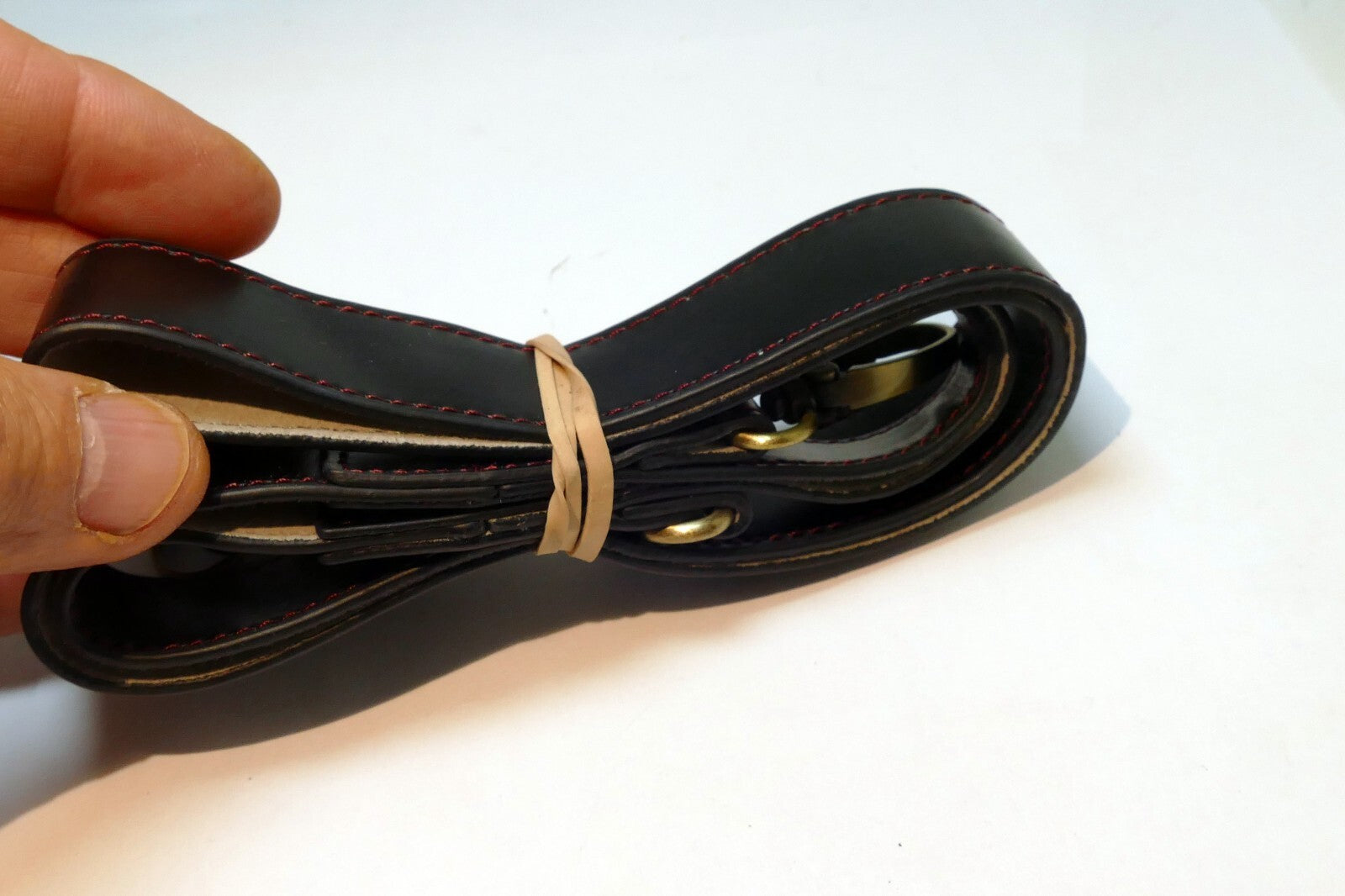 Black Faux Leather Strap  with copper D rings at the end sturdy for  M