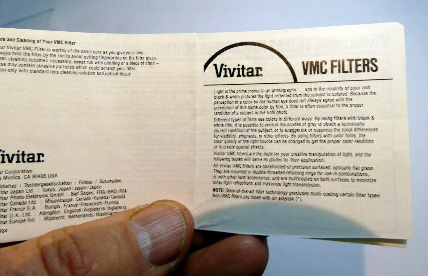 Vivitar VMC Lens Filter Guide brochure  vintage 1980's