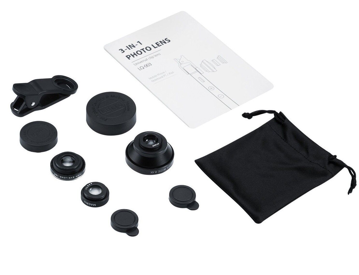 Universal 3 in 1 Fisheye Lens + Macro + 0.4X Super Wide Angle Clip On Cell Phone