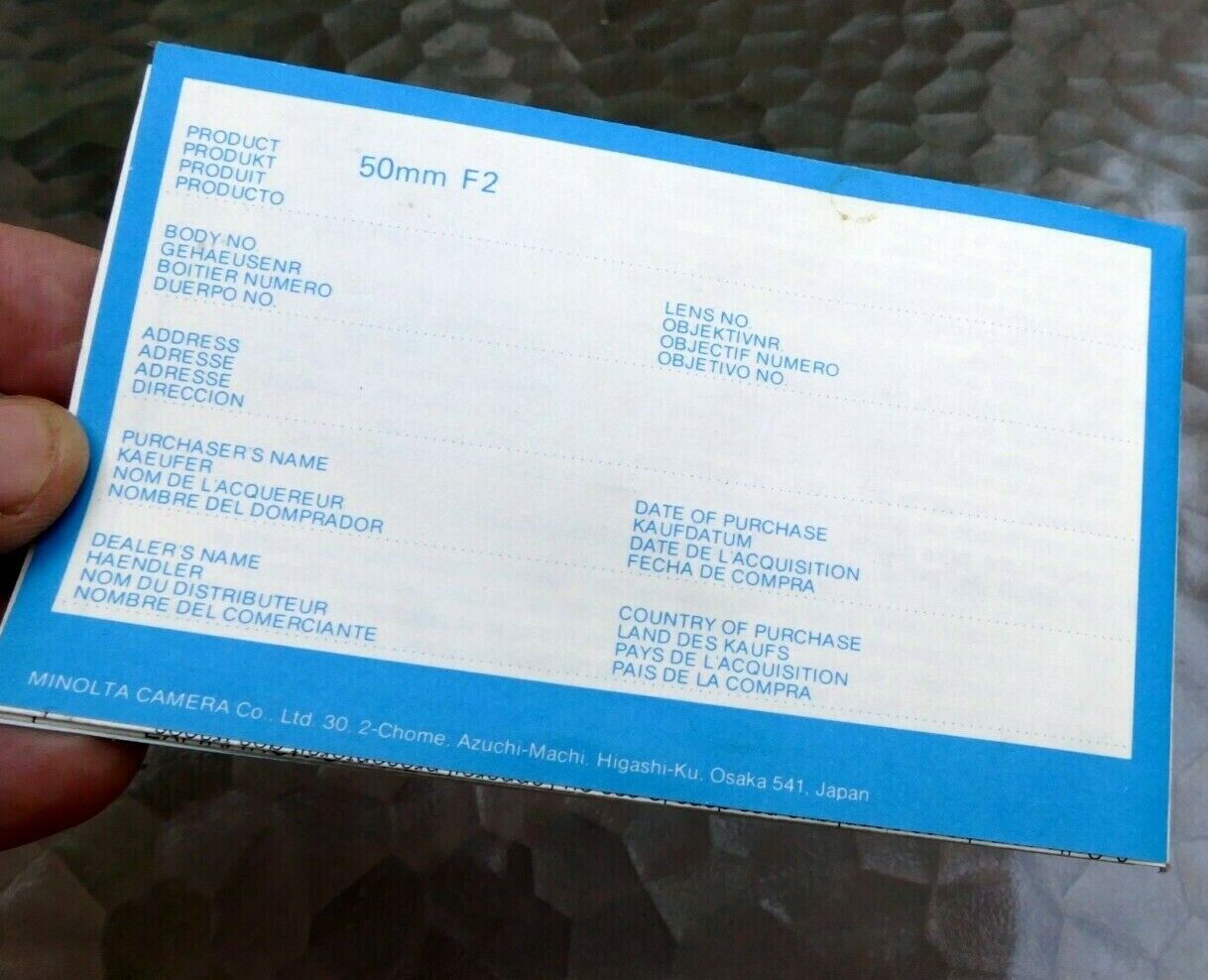 Minolta MD 50mm f2 Lens warranty information booklet  1970's