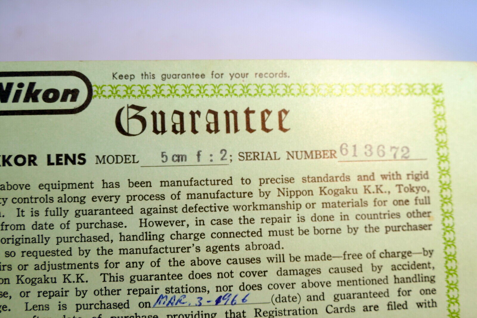 Nikon warranty card 1966 model 5cm f2  lens auto  Nikkor vintage