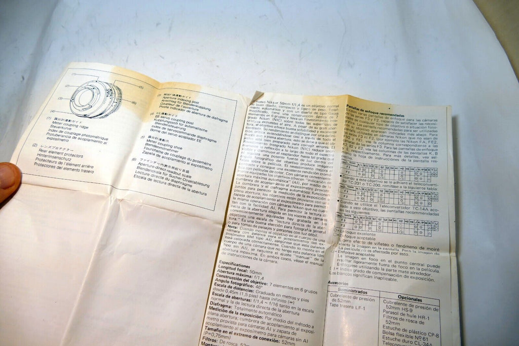 Nikon Nikkor 50mm f1.4  Ai-s LENS Instruction Guide Manual 1984 Fr gr Sp EN