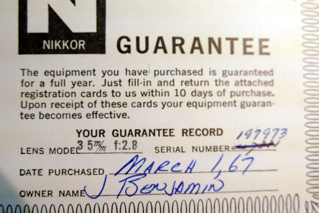 Nikon warranty card 1967 model  35mm f2.8 lens F  Nikkor vintage