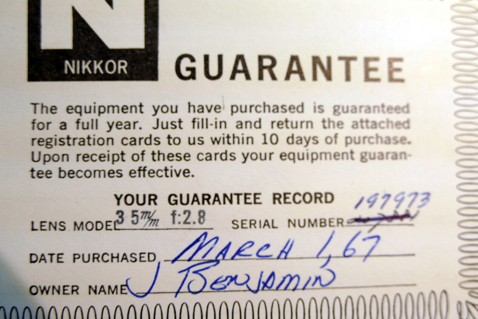 Nikon warranty card 1967 model  35mm f2.8 lens F  Nikkor vintage