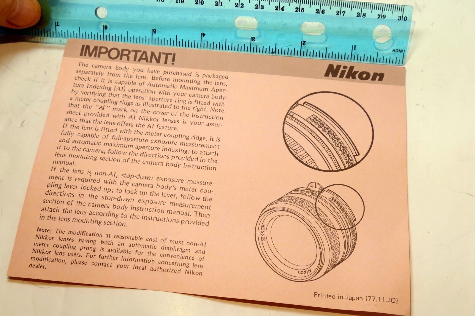 Nikon card for Ai coupling guide  for F camera Non Ai