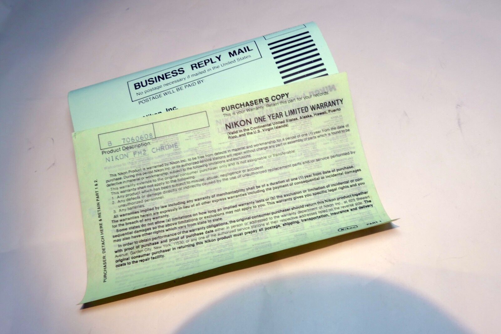Nikon vintage warranty card (expired) for FM2 Chrome camera  EN