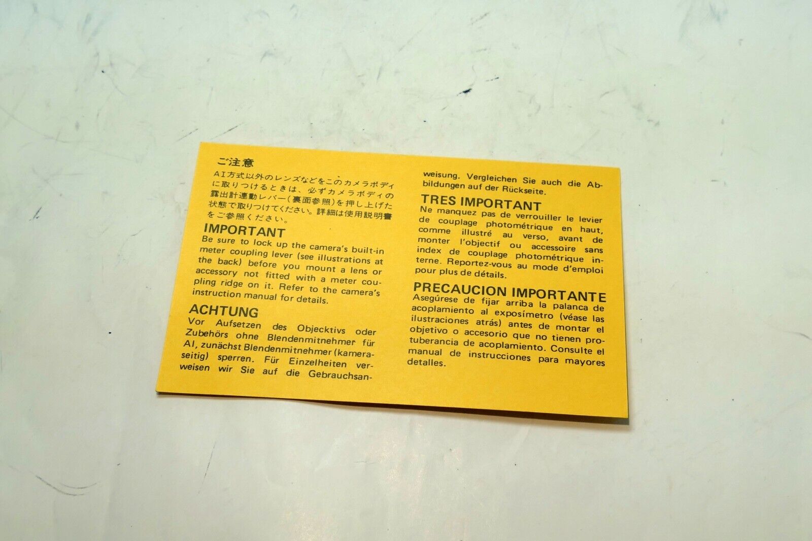 Nikon card for Ai coupling guide  for F2A Photomic camera