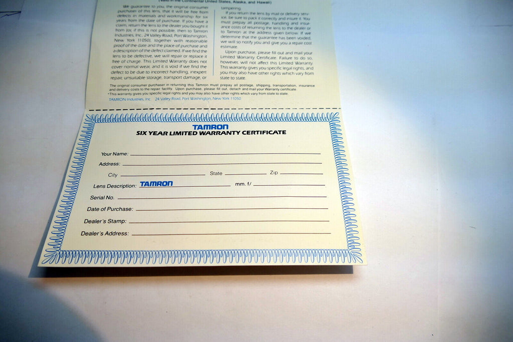 Tamron Certificate of Warranty  lens Card vintage  1980's