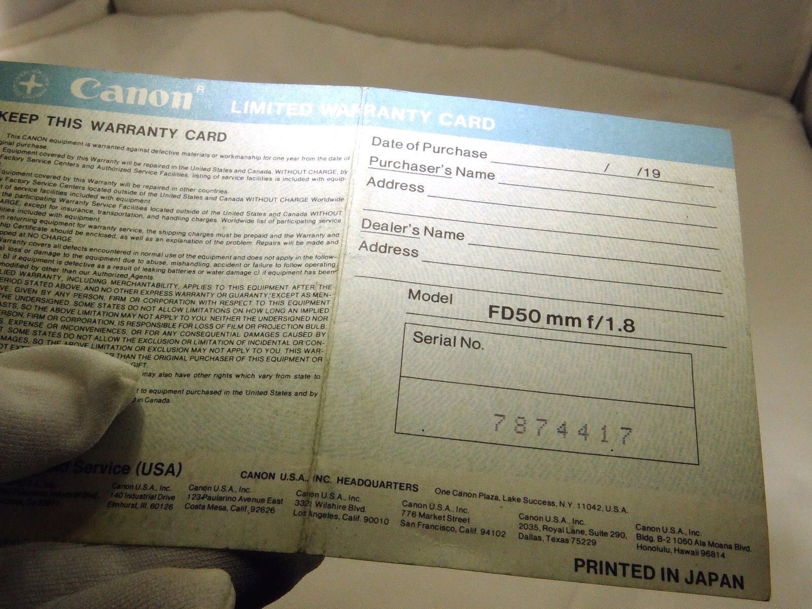 Canon FD 50mm f1.8 Lens  Limited Warranty Card  1970's  vintage
