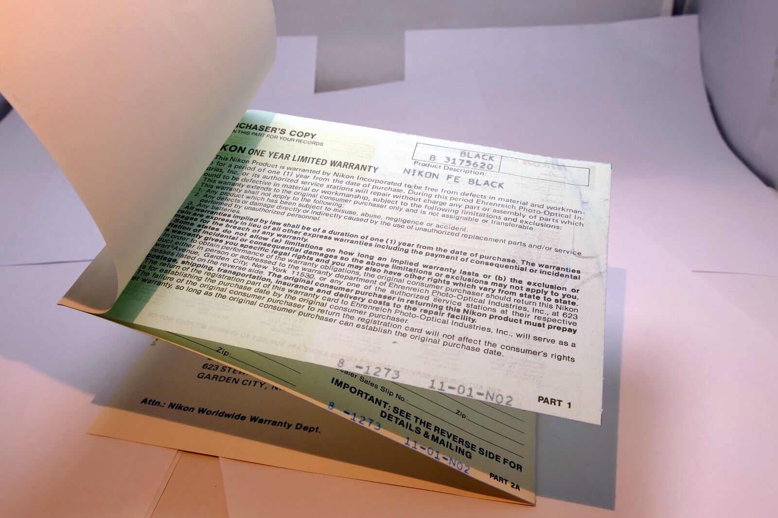 Nikon FE camera registration card 1980 genuine OEM - mint