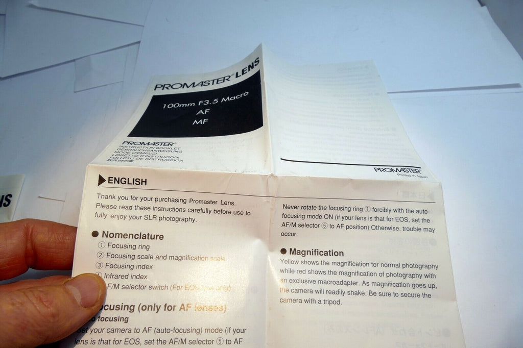 Promaster 100mm f3.5 Macro 1:1 AF  lens Instruction Manual Guide vivitar