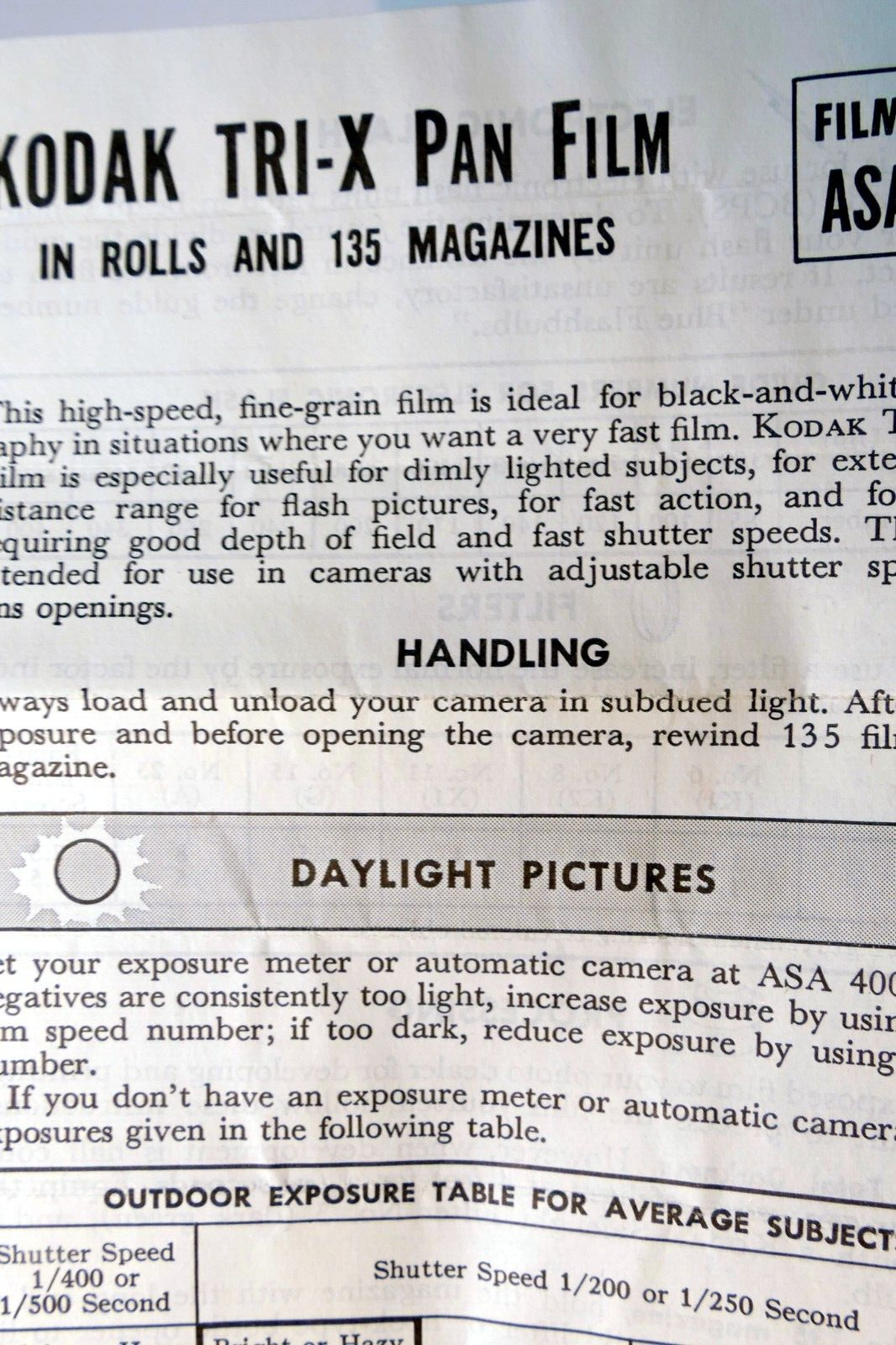 Kodak Tri-X Pan Film table guide instructions ASA 400 vintage 1960's