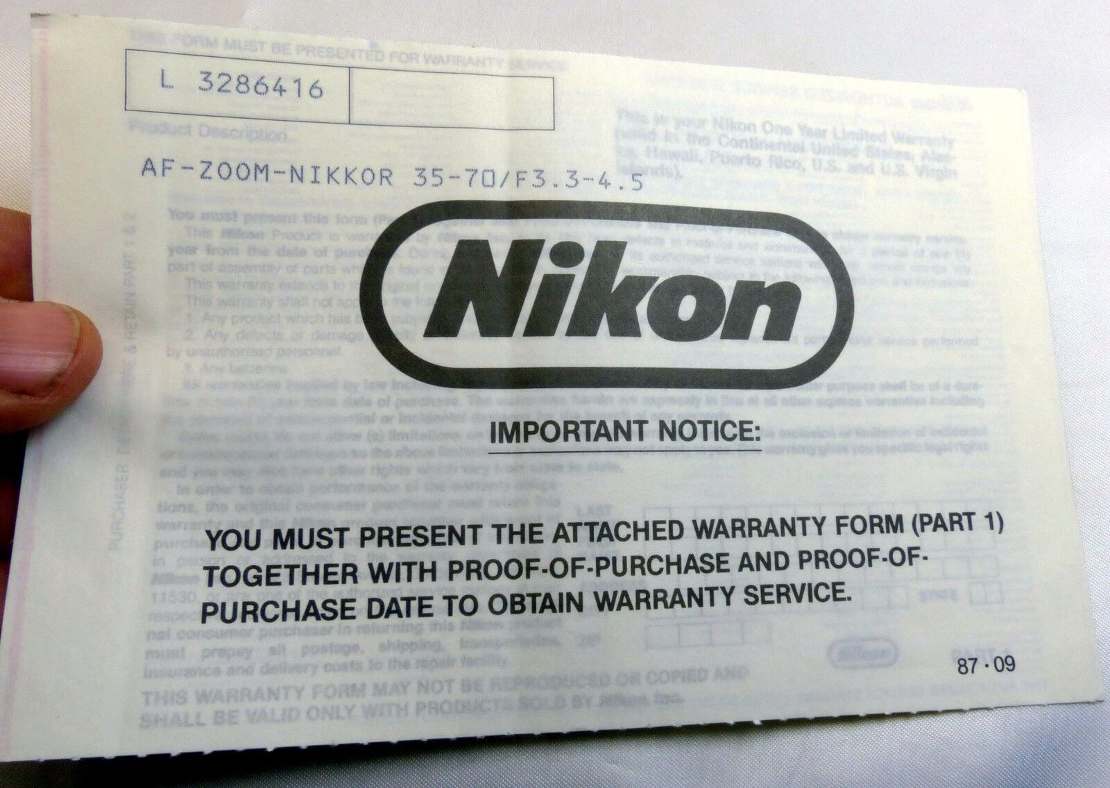 Nikon Zoom Nikkor 35-70mm f3.3-4.5 Lens Ai-s  warranty card vintage