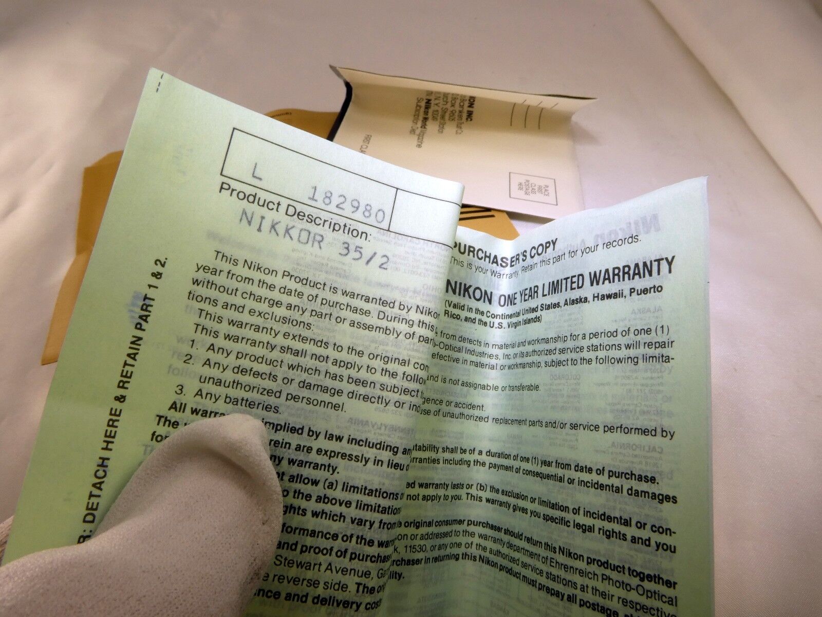 Nikon vintage warranty card (expired) for 35mm f2.0 Nikkor F lens EN