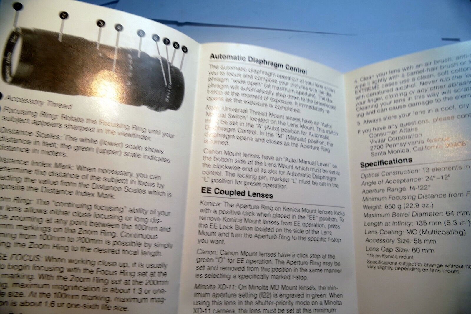 Vivitar 100-200mm f4 manual focus lens Instruction Owner's Sheet  Guide