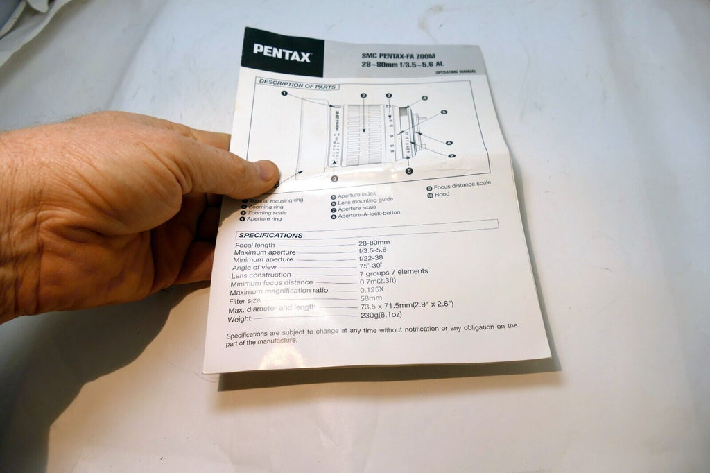 Pentax 28-80mm f3.5-5.6 AL AF FA zoom Lens guide manual PK