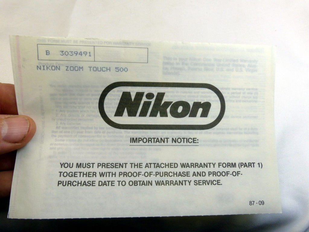 Nikon zoom touch 500 camera Sure Shot  warranty card vintage