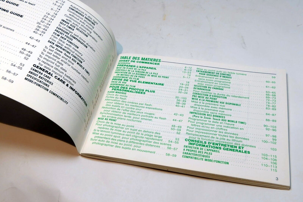 Nikon Zoom Touch 800 Film camera manual  Instruction Guide E English French Fr