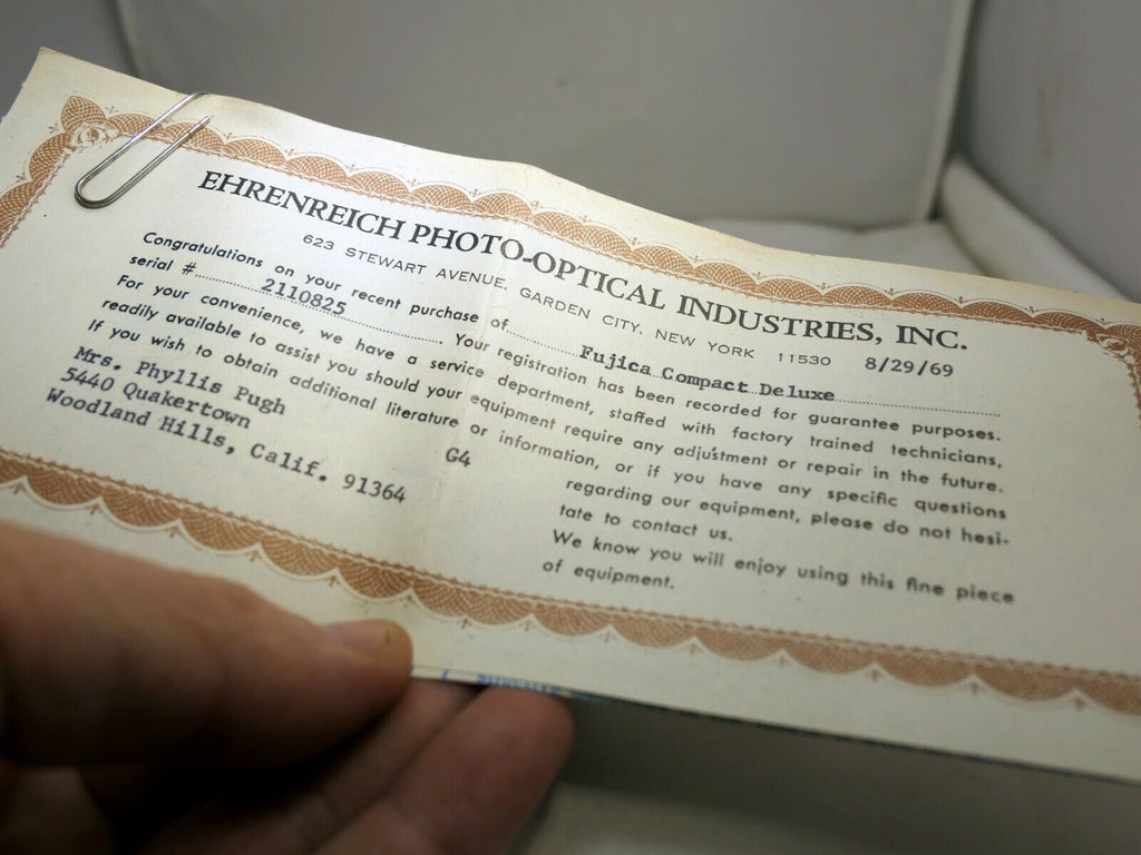 Ehrenreich Photo-Optical Industries Inc owners card for Fujica Compact Deluxe