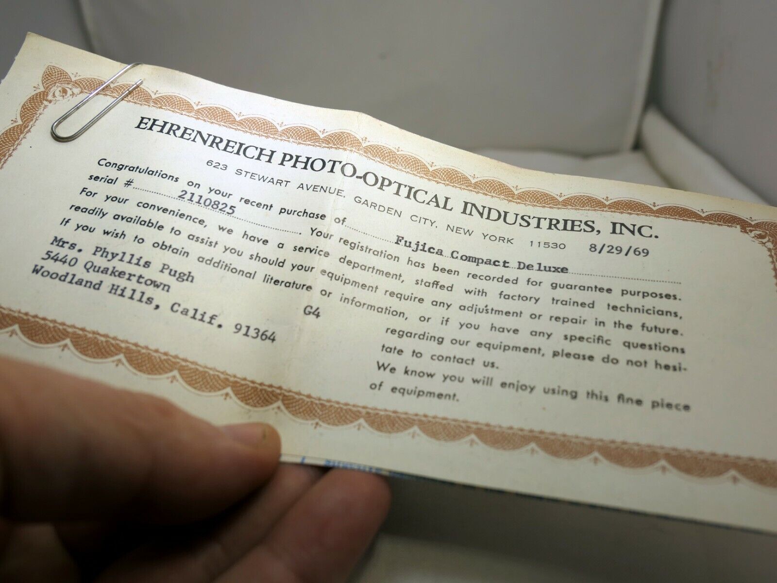 Ehrenreich Photo-Optical Industries Inc owners card for Fujica Compact Deluxe