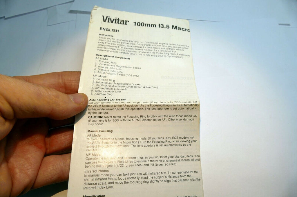 Vivitar 100mm f3.5 Macro AF 1:1  lens Instruction Owner's Sheet  Guide