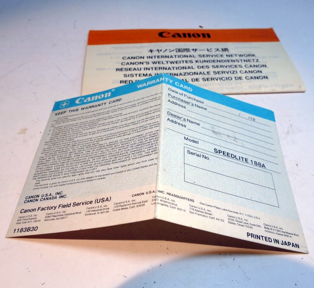 Canon speedlight 188A flash warranty information brochure card - vintage
