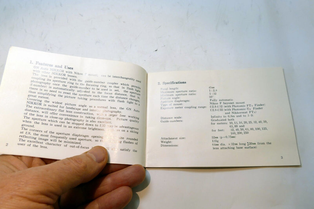 Nikon GN Nikkor 45mm f2.8 F LENS Instruction Guide Manual 1969