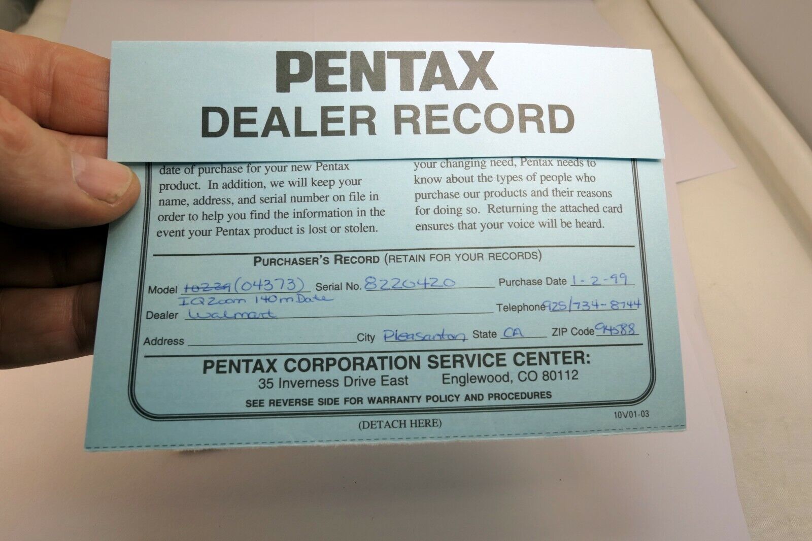 Pentax extended warranty card w/ folder vintage for IQ zoom series camera 1989